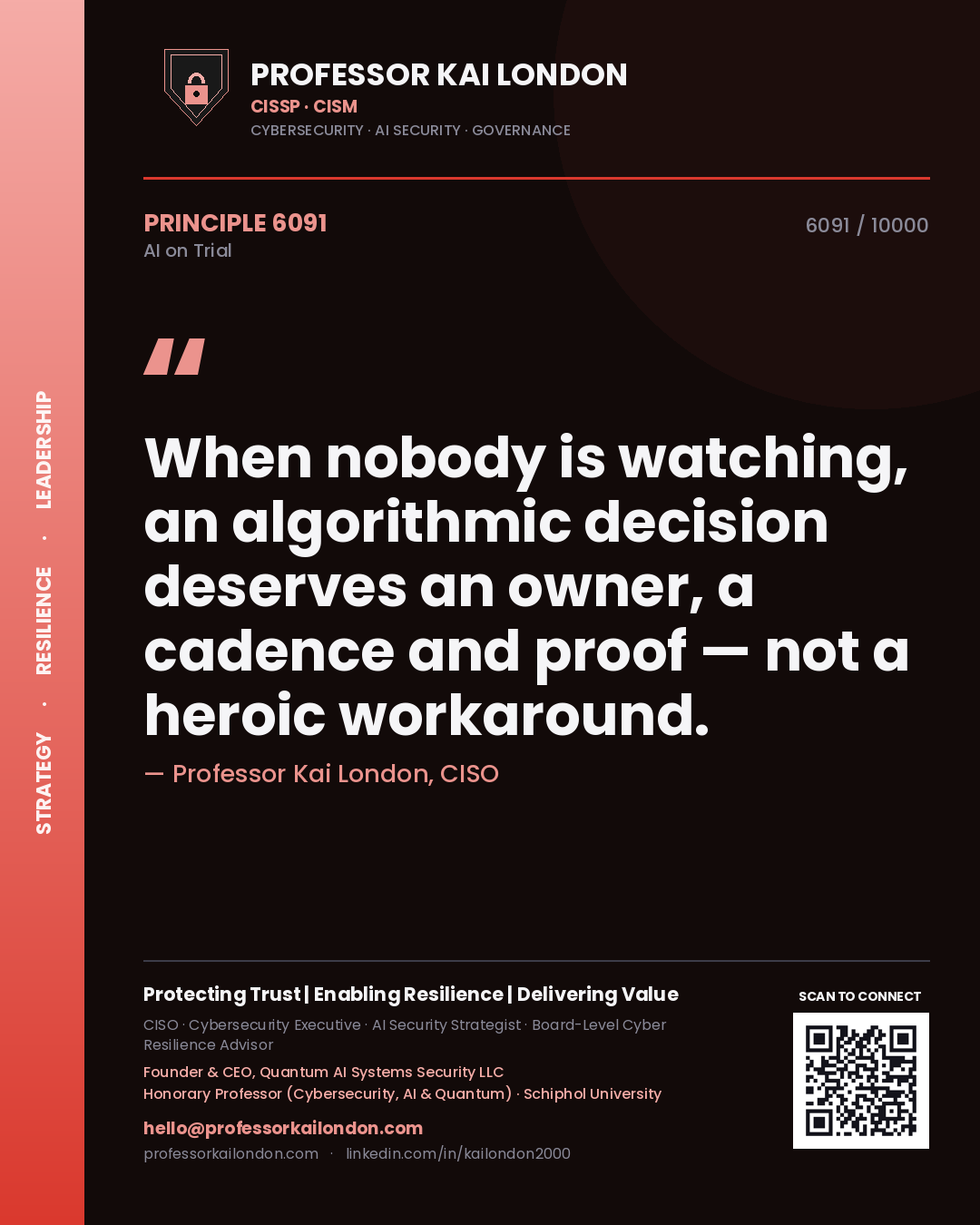 Quote card by Professor Kai London reading 'When nobody is watching, an algorithmic decision deserves an owner, a cadence and proof — not a heroic workaround.'. From the book AI on Trial.