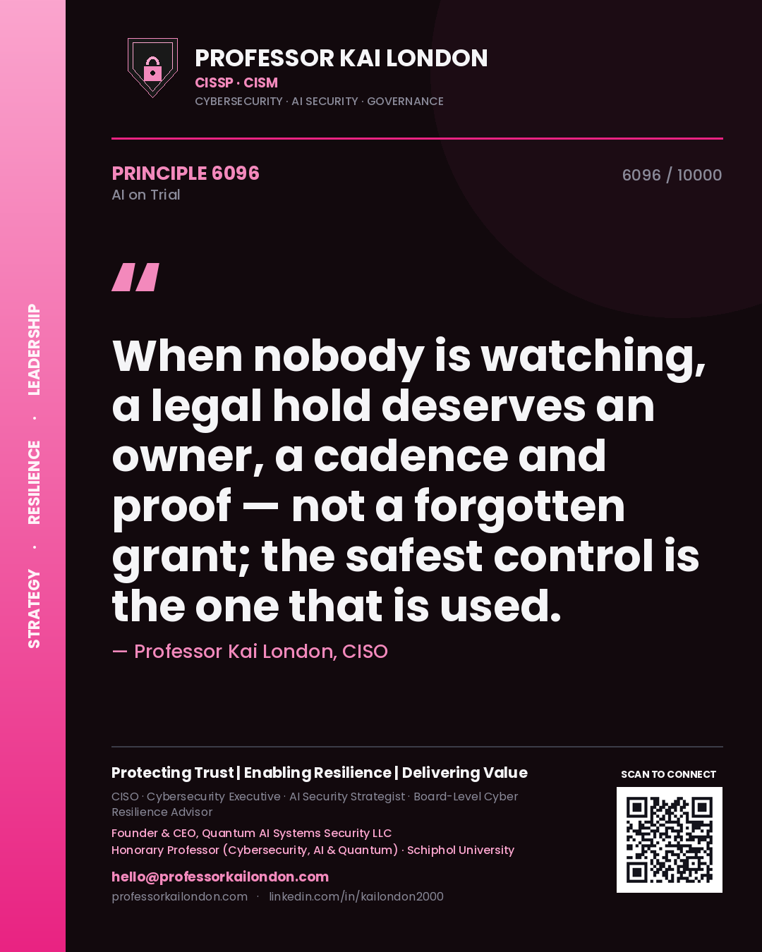 Quote card by Professor Kai London reading 'When nobody is watching, a legal hold deserves an owner, a cadence and proof — not a forgotten grant; the safest control is the one that is used.'. From the book AI on Trial.