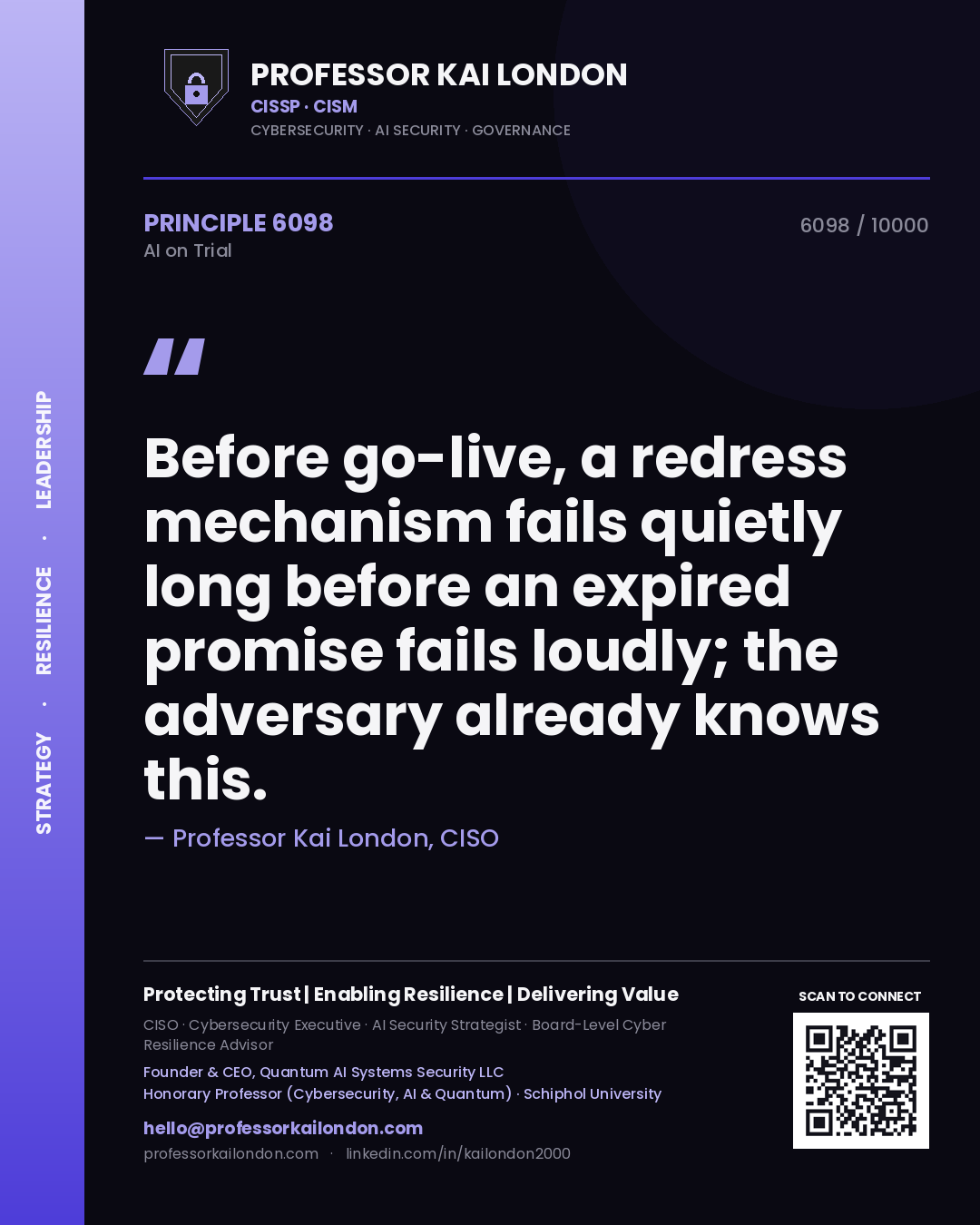 Professor Kai London principle 6098: Before go-live, a redress mechanism fails quietly long before an expired promise fails loudly; the adversary already knows this.