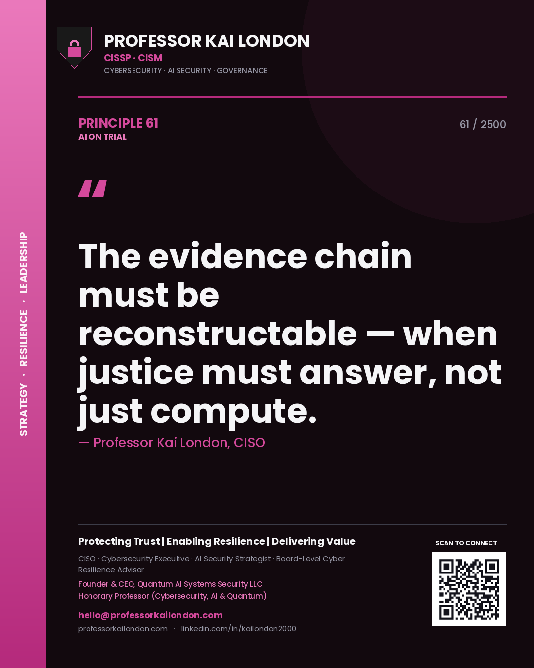 Professor Kai London principle 61: The evidence chain must be reconstructable — when justice must answer, not just compute.
