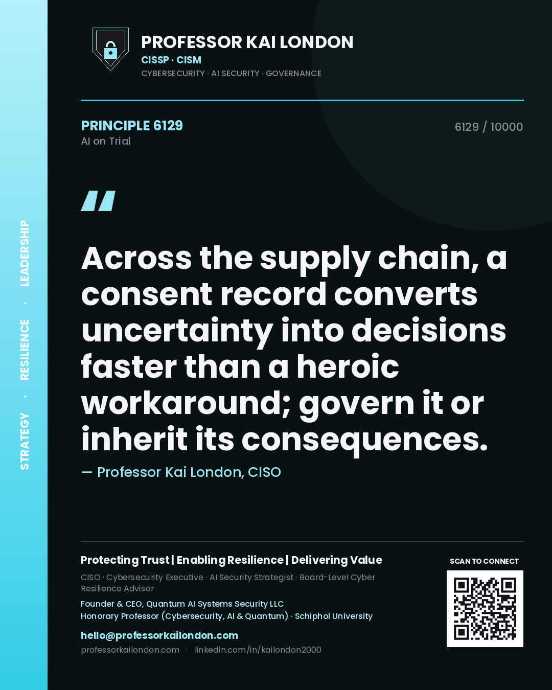 Professor Kai London principle 6129: Across the supply chain, a consent record converts uncertainty into decisions faster than a heroic workaround; govern it or inherit its consequences.