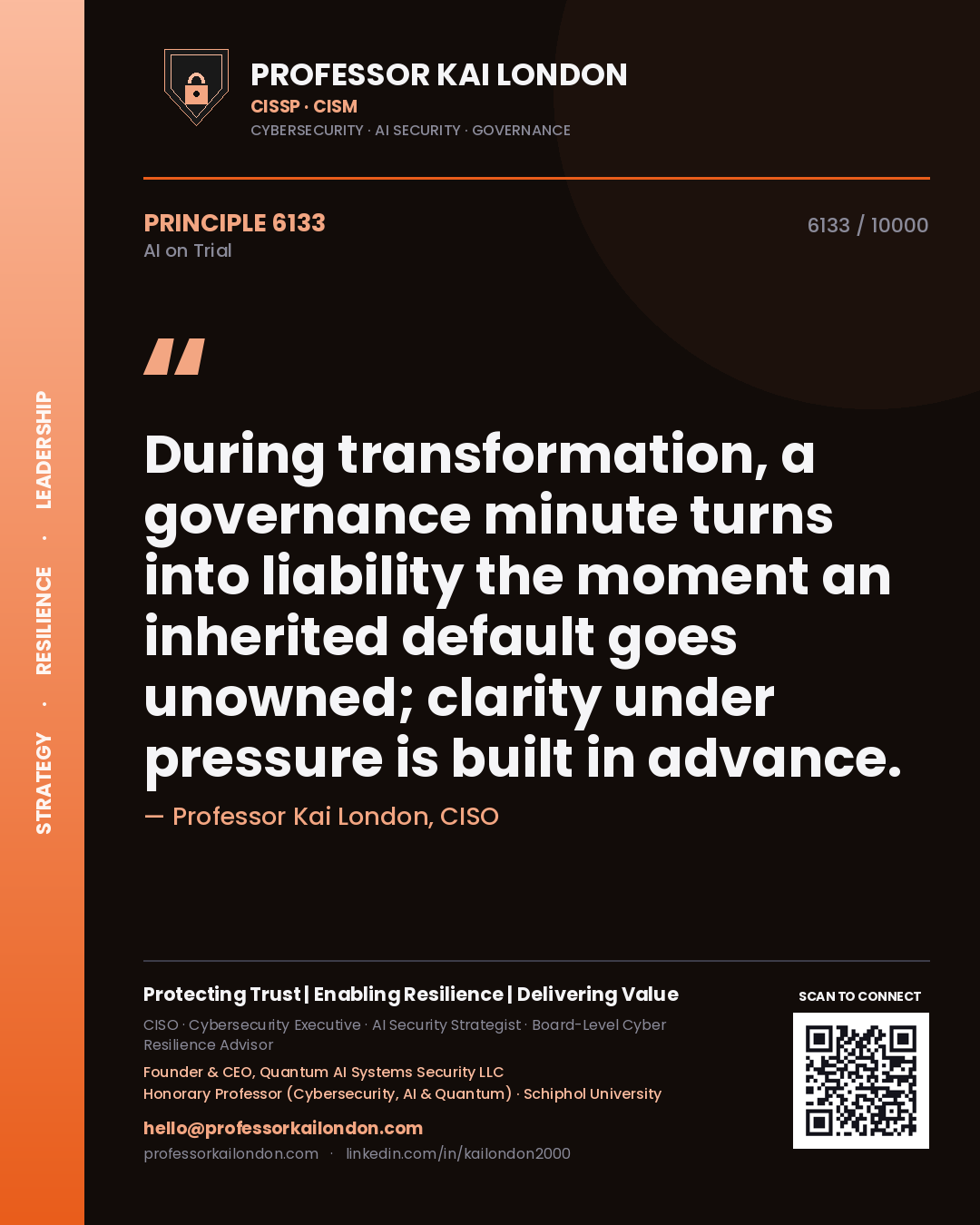 Professor Kai London principle 6133: During transformation, a governance minute turns into liability the moment an inherited default goes unowned; clarity under pressure is built in advance.