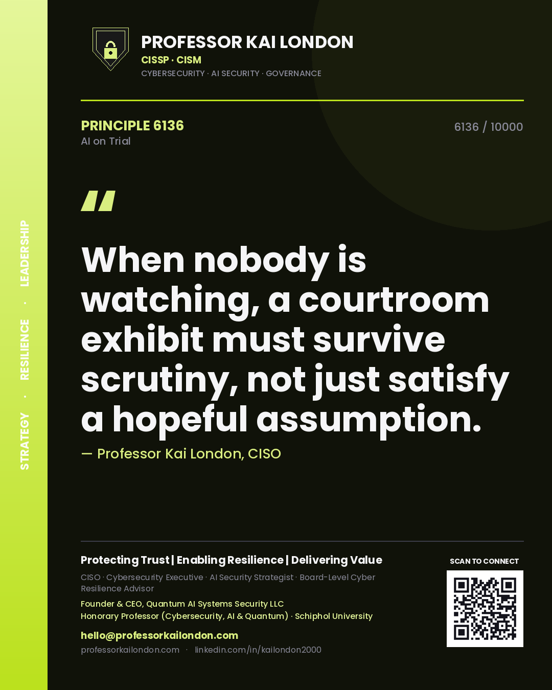Professor Kai London principle 6136: When nobody is watching, a courtroom exhibit must survive scrutiny, not just satisfy a hopeful assumption.