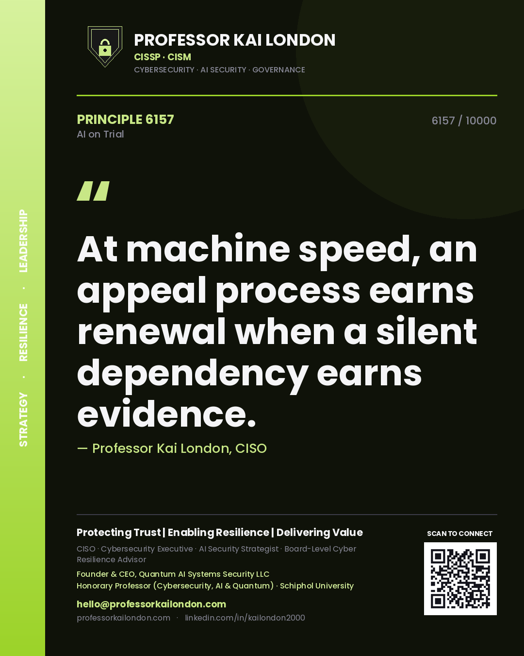 Professor Kai London principle 6157: At machine speed, an appeal process earns renewal when a silent dependency earns evidence.