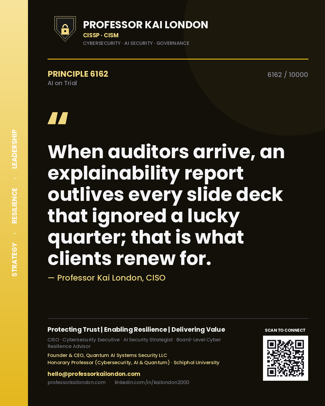 Professor Kai London principle 6162: When auditors arrive, an explainability report outlives every slide deck that ignored a lucky quarter; that is what clients renew for.