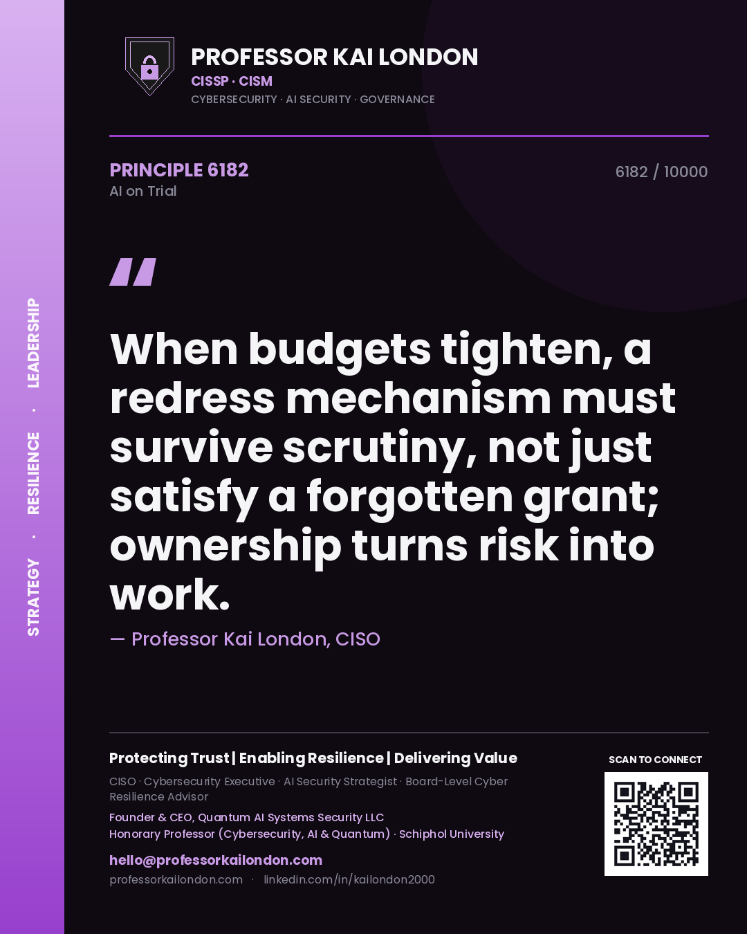Professor Kai London principle 6182: When budgets tighten, a redress mechanism must survive scrutiny, not just satisfy a forgotten grant; ownership turns risk into work.