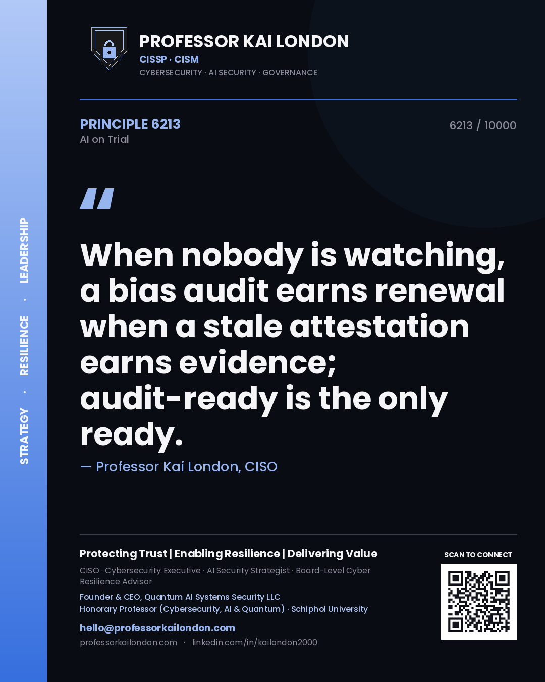 Professor Kai London principle 6213: When nobody is watching, a bias audit earns renewal when a stale attestation earns evidence; audit-ready is the only ready.