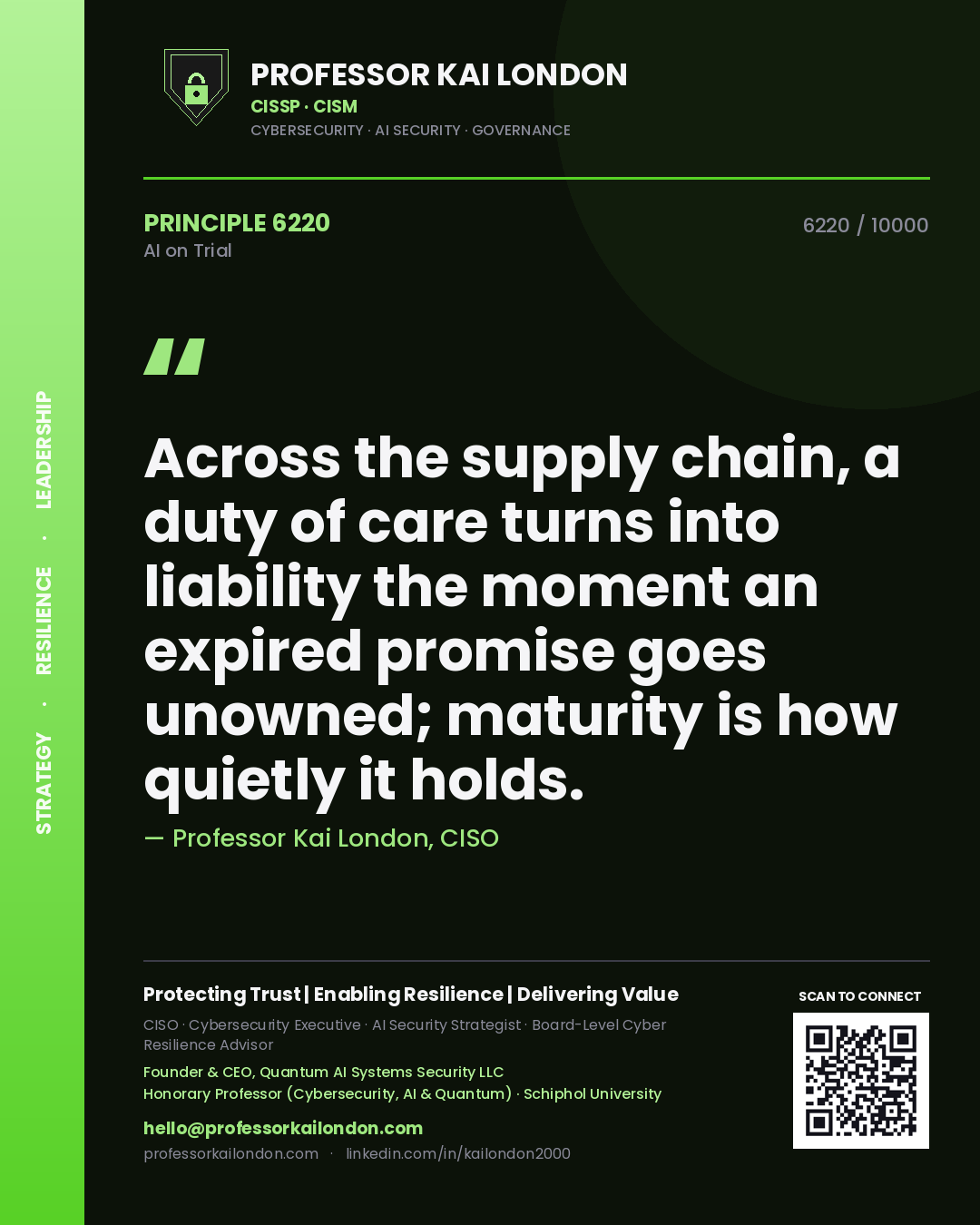 Professor Kai London principle 6220: Across the supply chain, a duty of care turns into liability the moment an expired promise goes unowned; maturity is how quietly it holds.