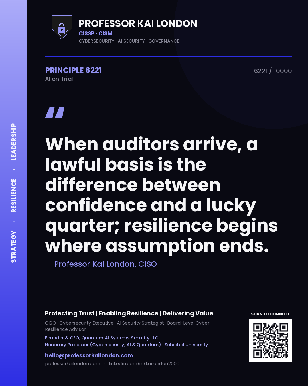 Professor Kai London principle 6221: When auditors arrive, a lawful basis is the difference between confidence and a lucky quarter; resilience begins where assumption ends.