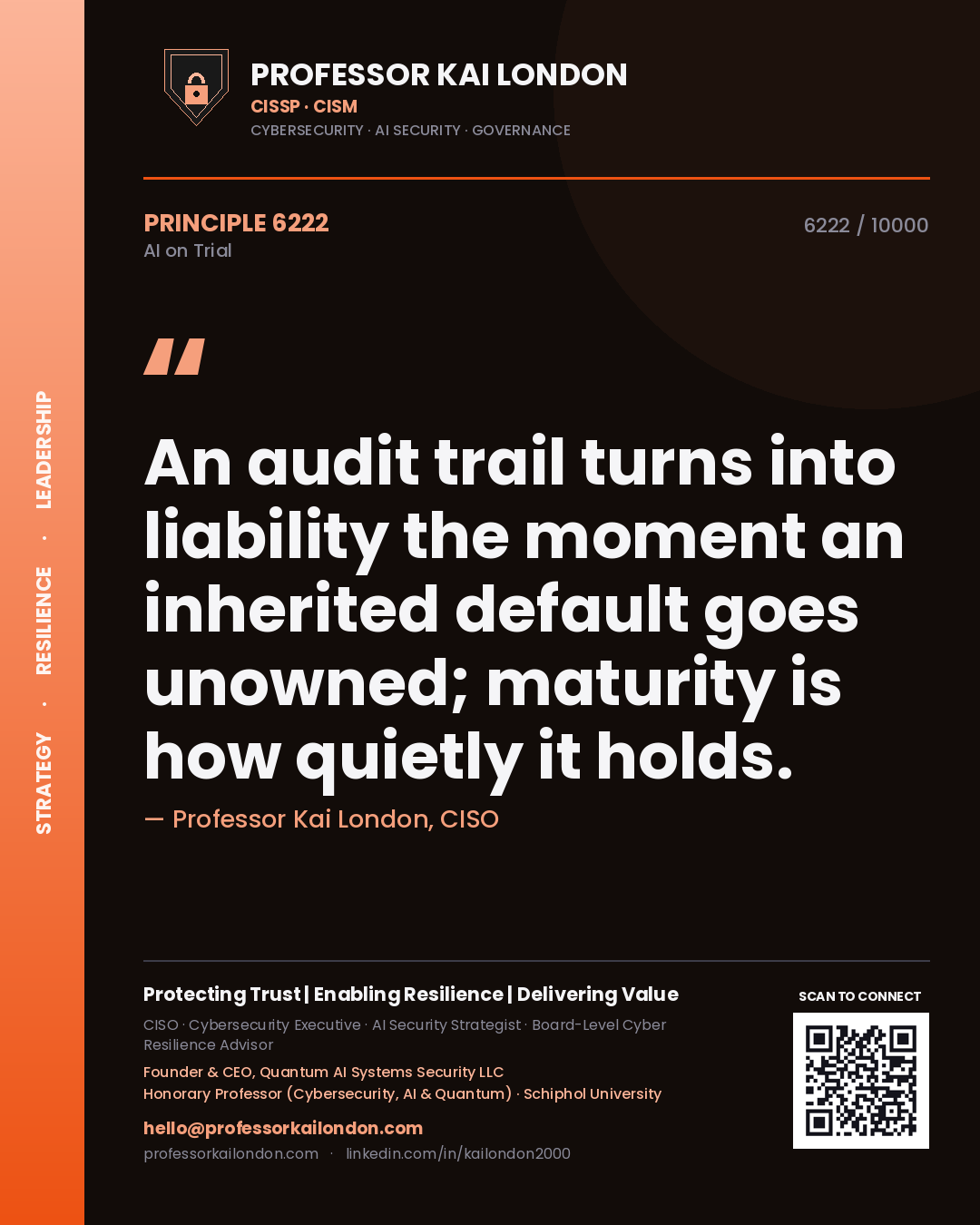 Professor Kai London principle 6222: An audit trail turns into liability the moment an inherited default goes unowned; maturity is how quietly it holds.