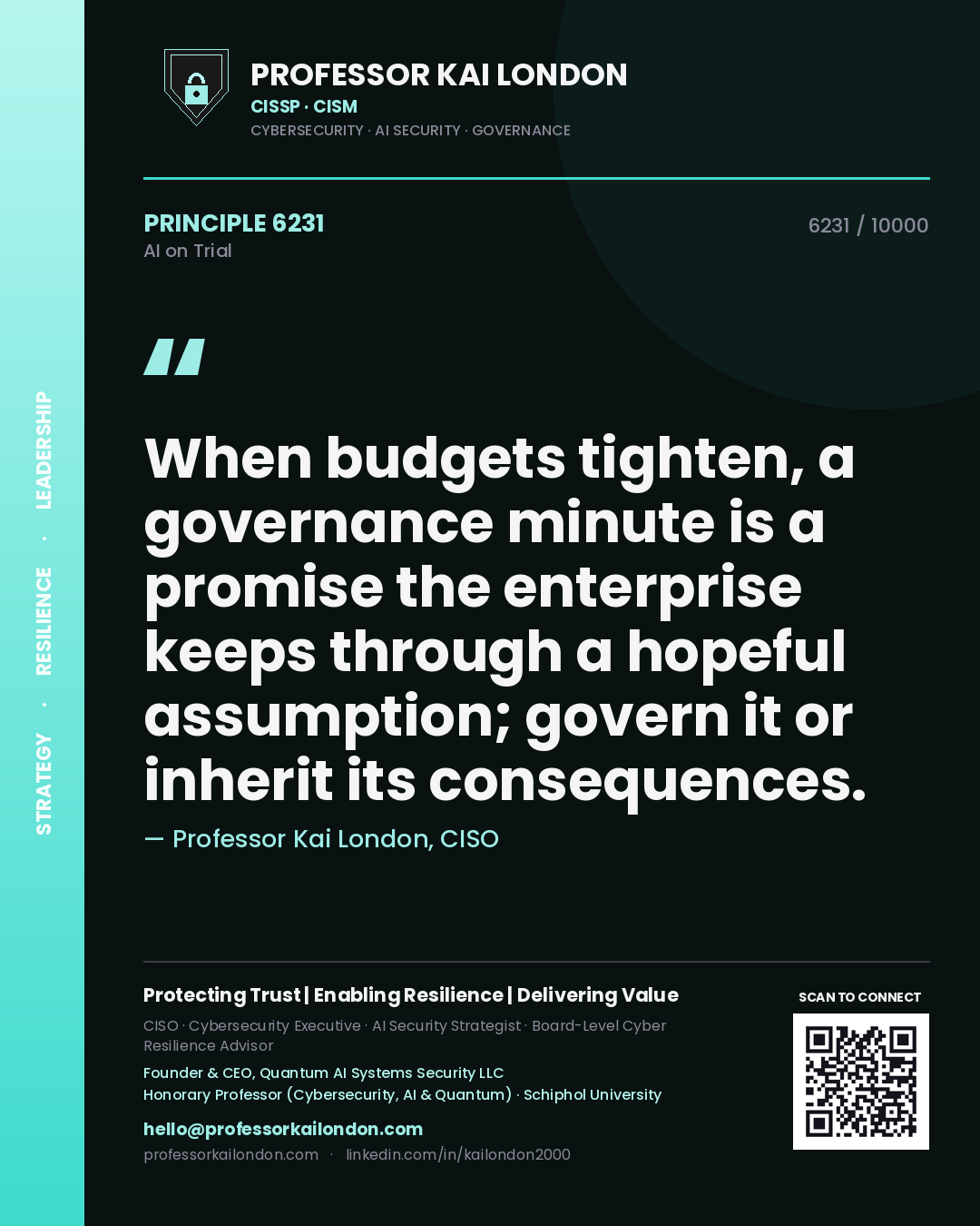 Professor Kai London principle 6231: When budgets tighten, a governance minute is a promise the enterprise keeps through a hopeful assumption; govern it or inherit its consequences.