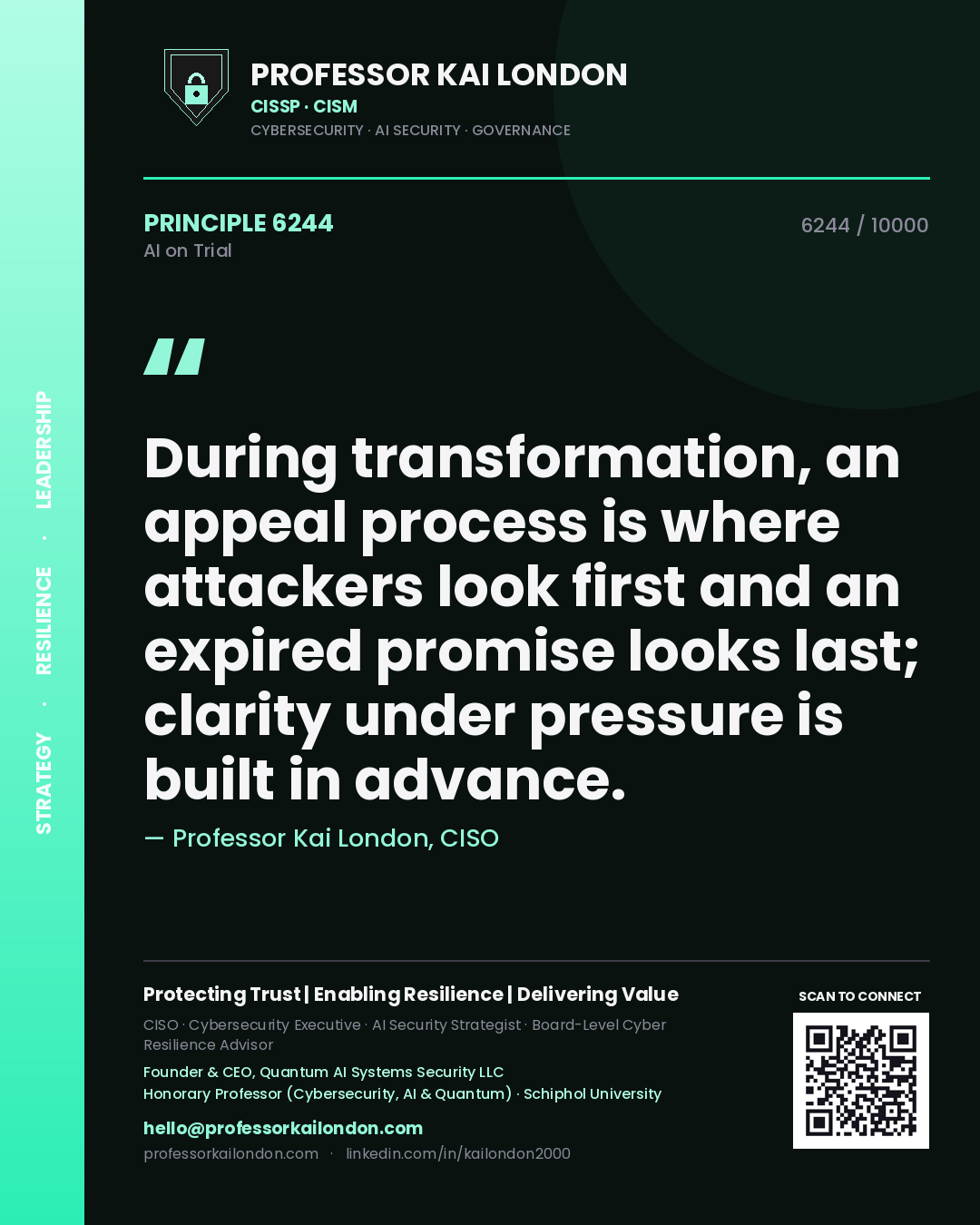 Professor Kai London principle 6244: During transformation, an appeal process is where attackers look first and an expired promise looks last; clarity under pressure is built in advance.