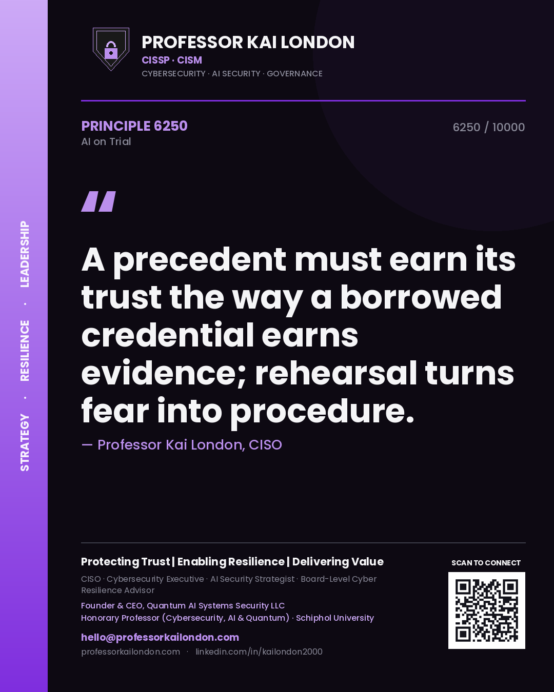 Professor Kai London principle 6250: A precedent must earn its trust the way a borrowed credential earns evidence; rehearsal turns fear into procedure.