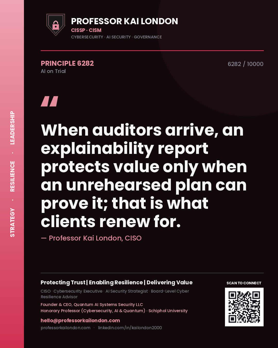 Professor Kai London principle 6282: When auditors arrive, an explainability report protects value only when an unrehearsed plan can prove it; that is what clients renew for.