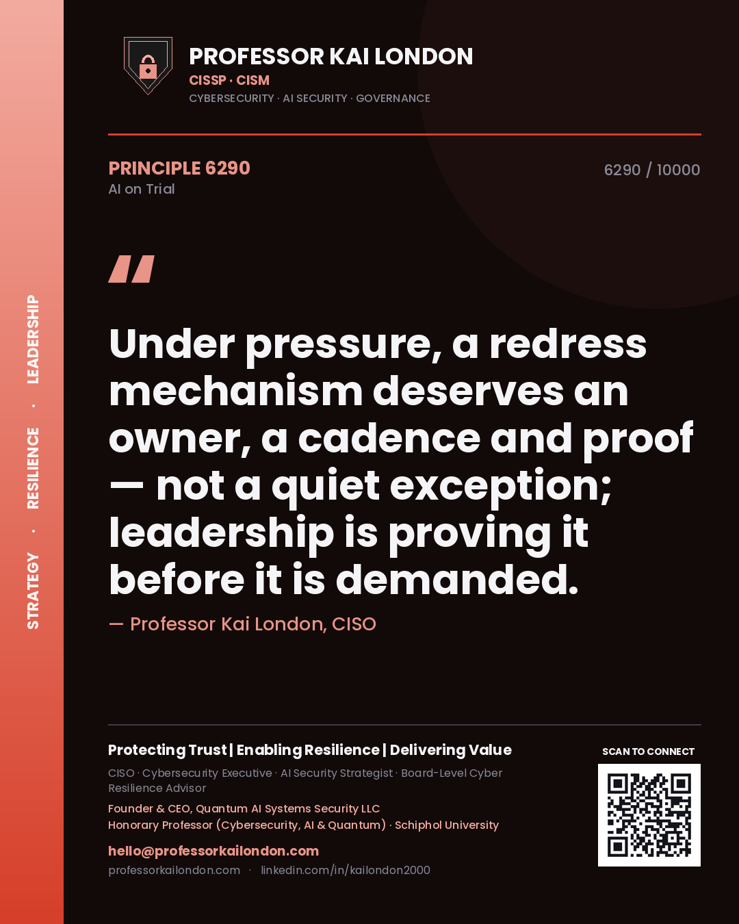 Professor Kai London principle 6290: Under pressure, a redress mechanism deserves an owner, a cadence and proof — not a quiet exception; leadership is proving it before it is demanded.