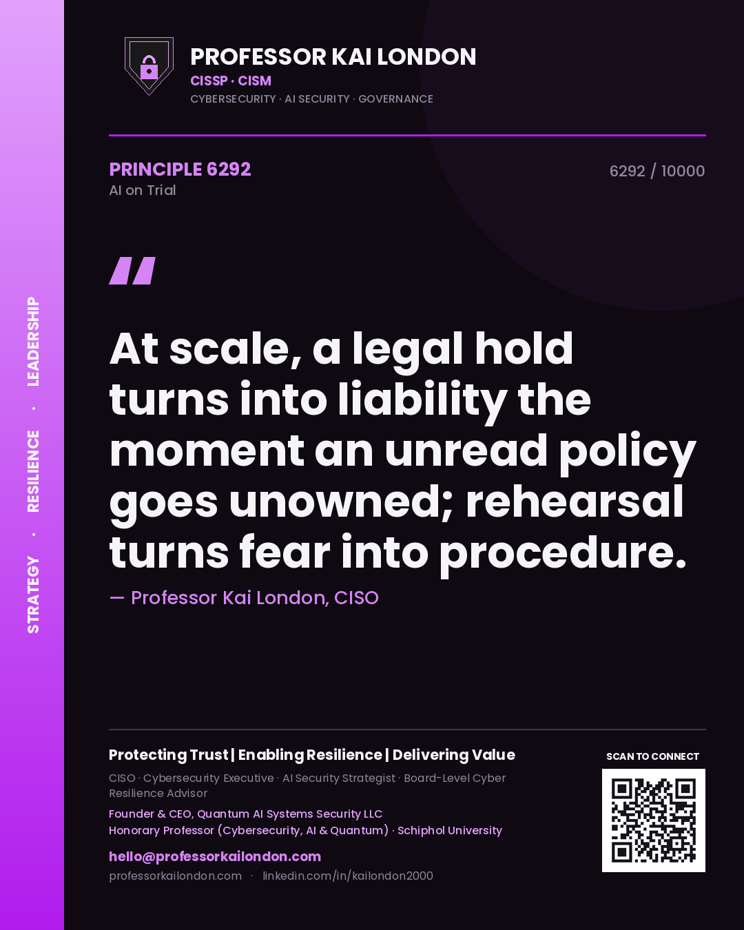 Professor Kai London principle 6292: At scale, a legal hold turns into liability the moment an unread policy goes unowned; rehearsal turns fear into procedure.