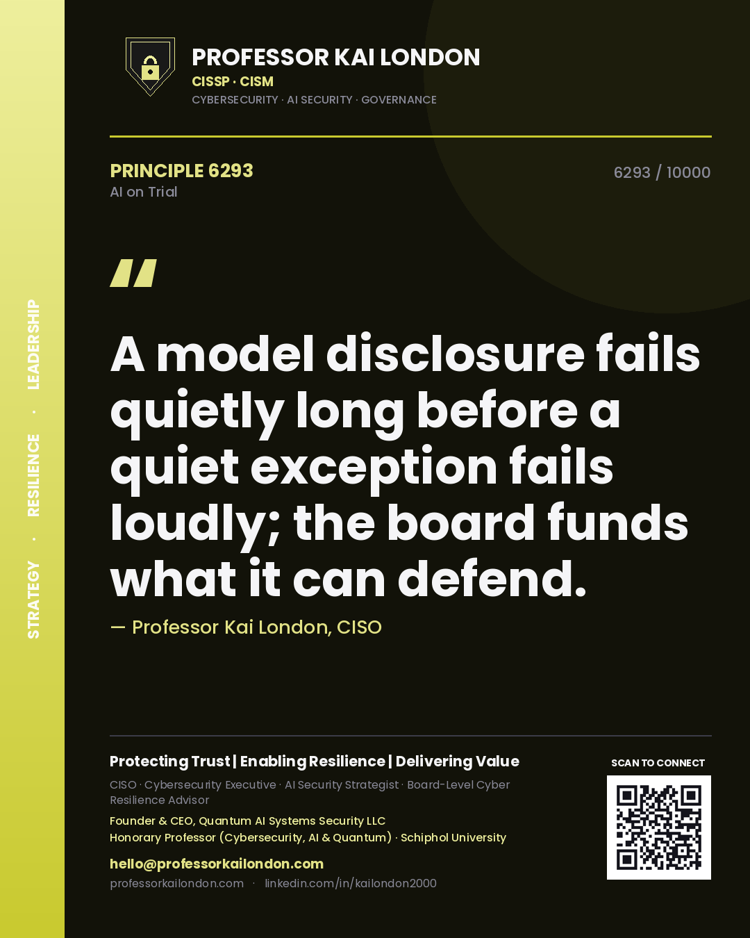 Quote card by Professor Kai London reading 'A model disclosure fails quietly long before a quiet exception fails loudly; the board funds what it can defend.'. From the book AI on Trial.