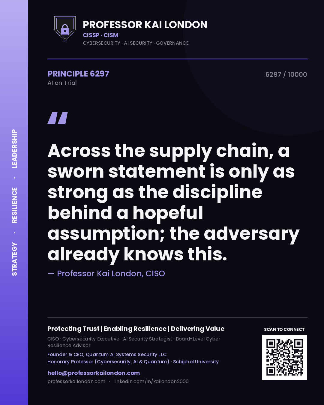 Quote card by Professor Kai London reading 'Across the supply chain, a sworn statement is only as strong as the discipline behind a hopeful assumption; the adversary already knows this.'. From the book AI on Trial.
