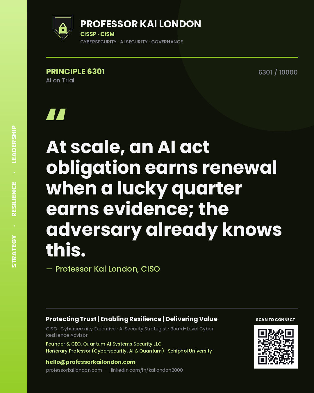 Professor Kai London principle 6301: At scale, an AI act obligation earns renewal when a lucky quarter earns evidence; the adversary already knows this.