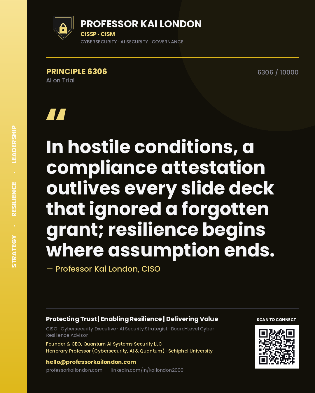 Professor Kai London principle 6306: In hostile conditions, a compliance attestation outlives every slide deck that ignored a forgotten grant; resilience begins where assumption ends.