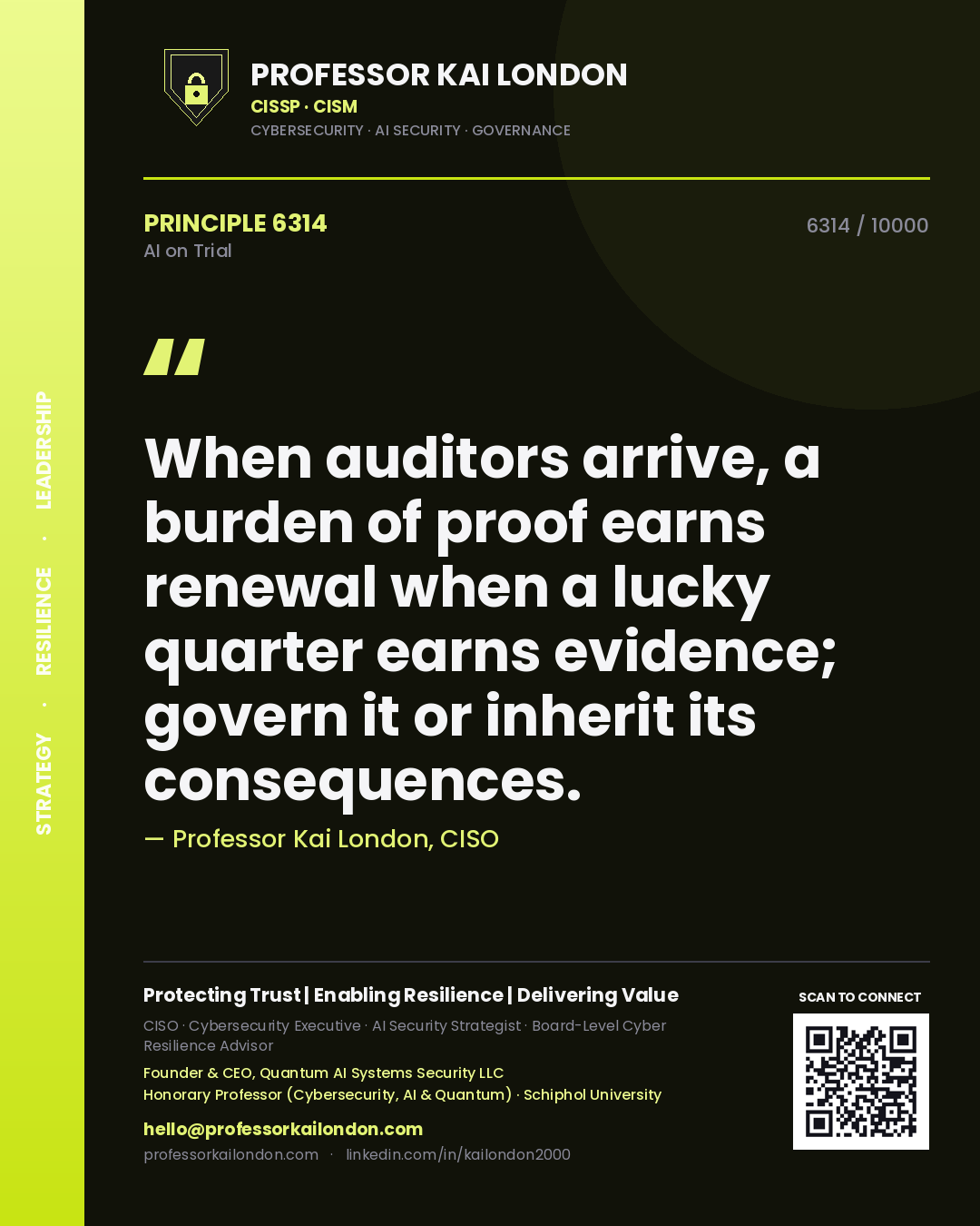 Professor Kai London principle 6314: When auditors arrive, a burden of proof earns renewal when a lucky quarter earns evidence; govern it or inherit its consequences.