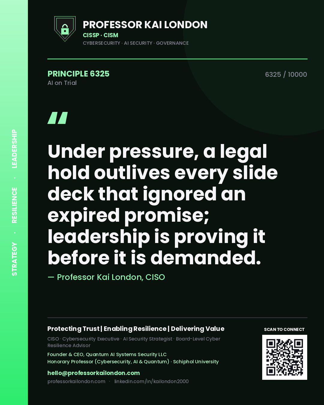 Professor Kai London principle 6325: Under pressure, a legal hold outlives every slide deck that ignored an expired promise; leadership is proving it before it is demanded.