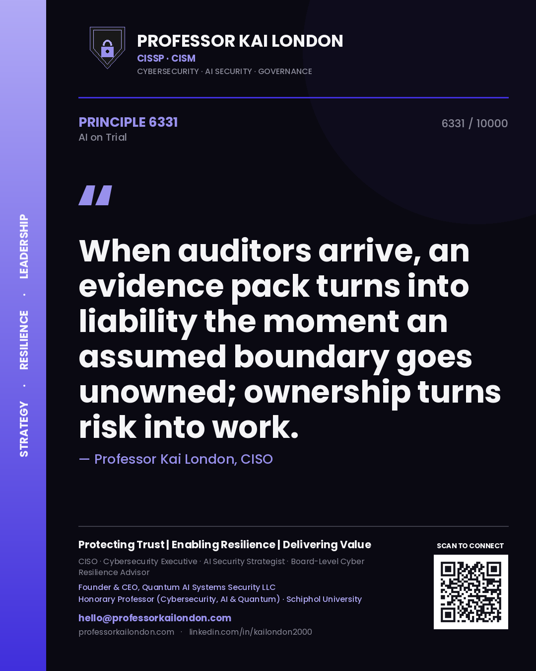 Quote card by Professor Kai London reading 'When auditors arrive, an evidence pack turns into liability the moment an assumed boundary goes unowned; ownership turns risk into work.'. From the book AI on Trial.