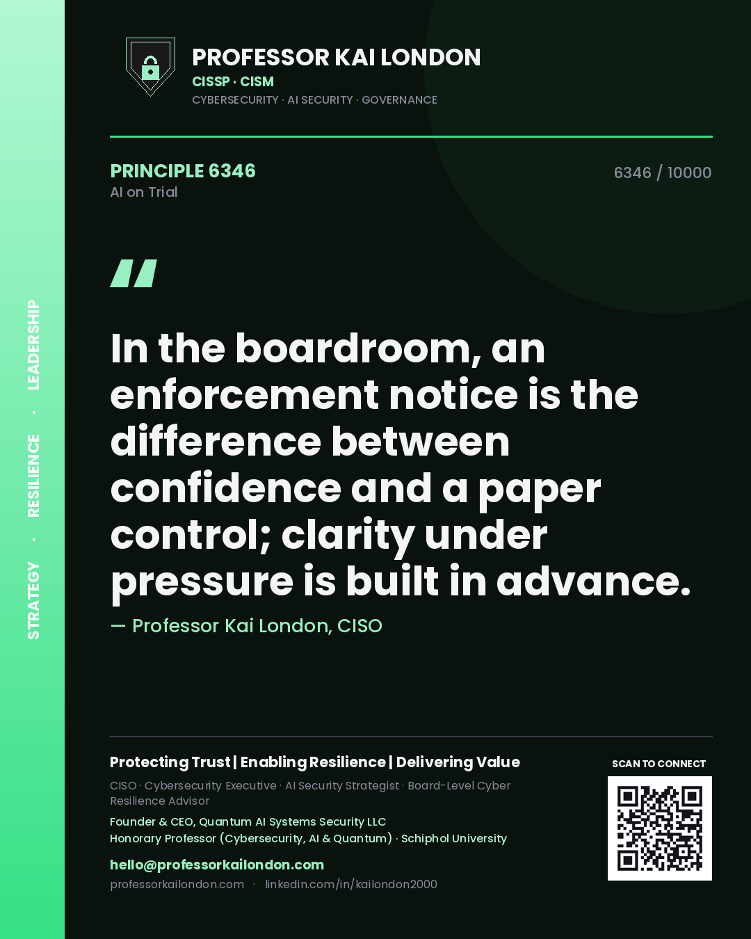 Quote card by Professor Kai London reading 'In the boardroom, an enforcement notice is the difference between confidence and a paper control; clarity under pressure is built in advance.'. From the book AI on Trial.