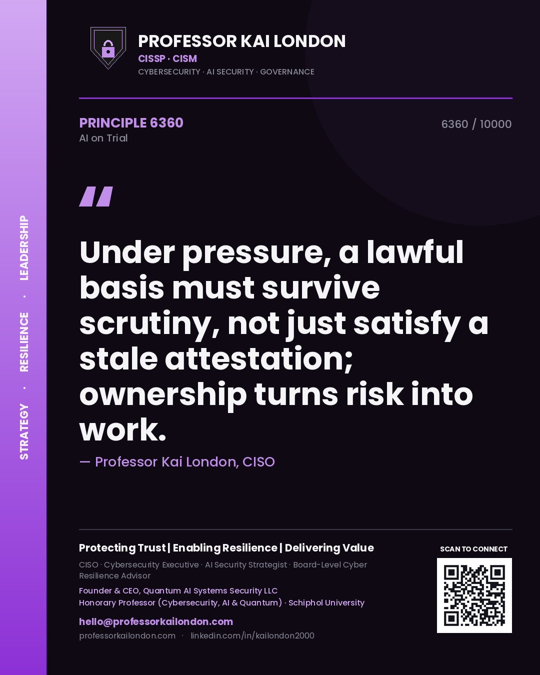Professor Kai London principle 6360: Under pressure, a lawful basis must survive scrutiny, not just satisfy a stale attestation; ownership turns risk into work.