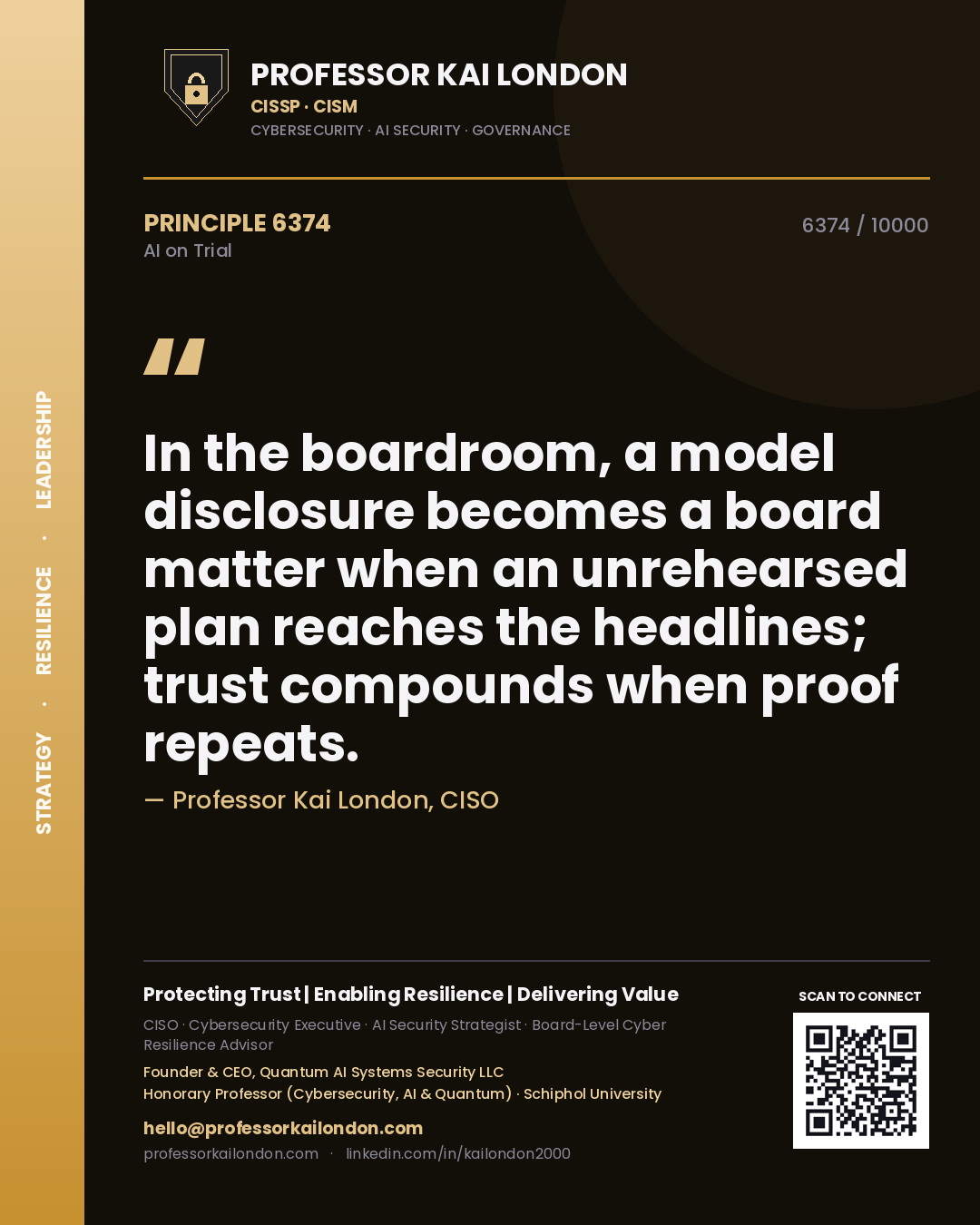 Professor Kai London principle 6374: In the boardroom, a model disclosure becomes a board matter when an unrehearsed plan reaches the headlines; trust compounds when proof repeats.