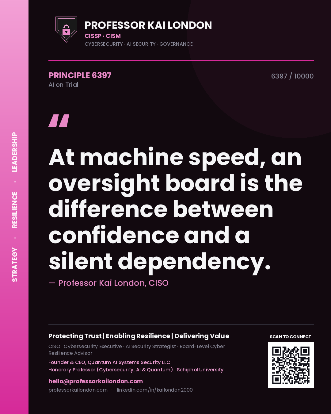 Quote card by Professor Kai London reading 'At machine speed, an oversight board is the difference between confidence and a silent dependency.'. From the book AI on Trial.