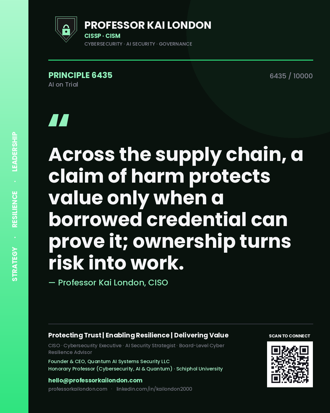 Quote card by Professor Kai London reading 'Across the supply chain, a claim of harm protects value only when a borrowed credential can prove it; ownership turns risk into work.'. From the book AI on Trial.