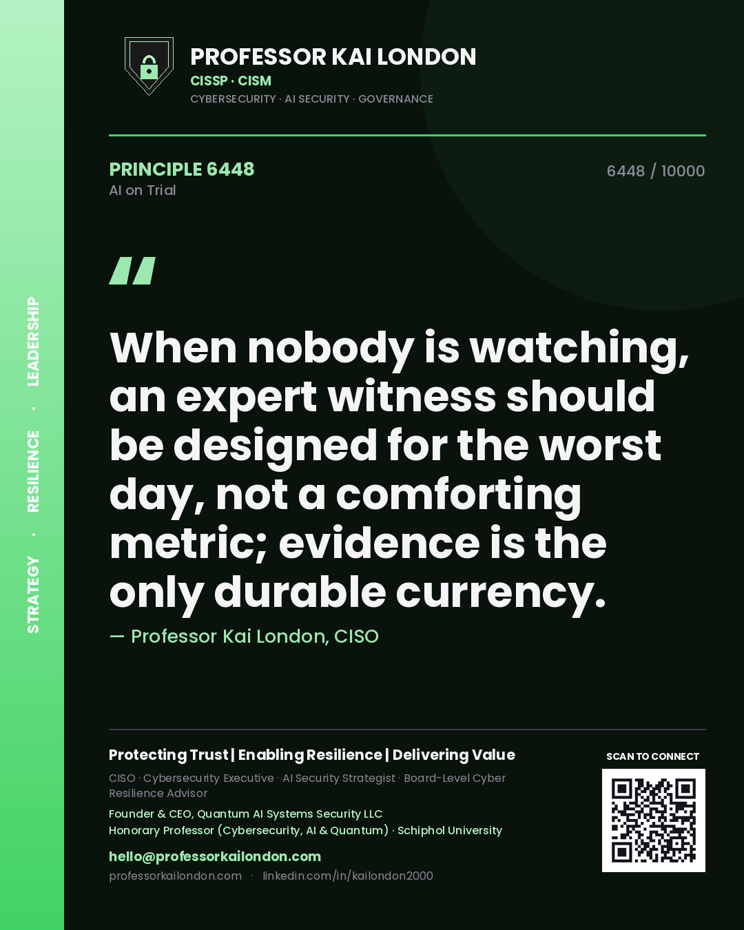 Quote card by Professor Kai London reading 'When nobody is watching, an expert witness should be designed for the worst day, not a comforting metric; evidence is the only durable currency.'. From the book AI on Trial.