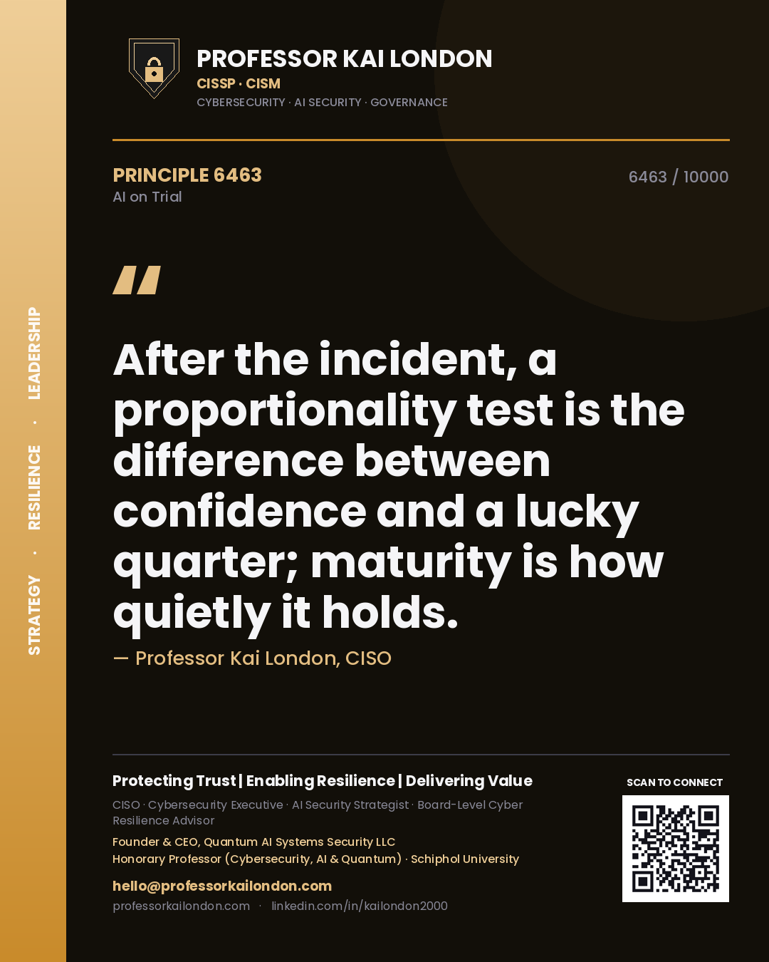 Quote card by Professor Kai London reading 'After the incident, a proportionality test is the difference between confidence and a lucky quarter; maturity is how quietly it holds.'. From the book AI on Trial.