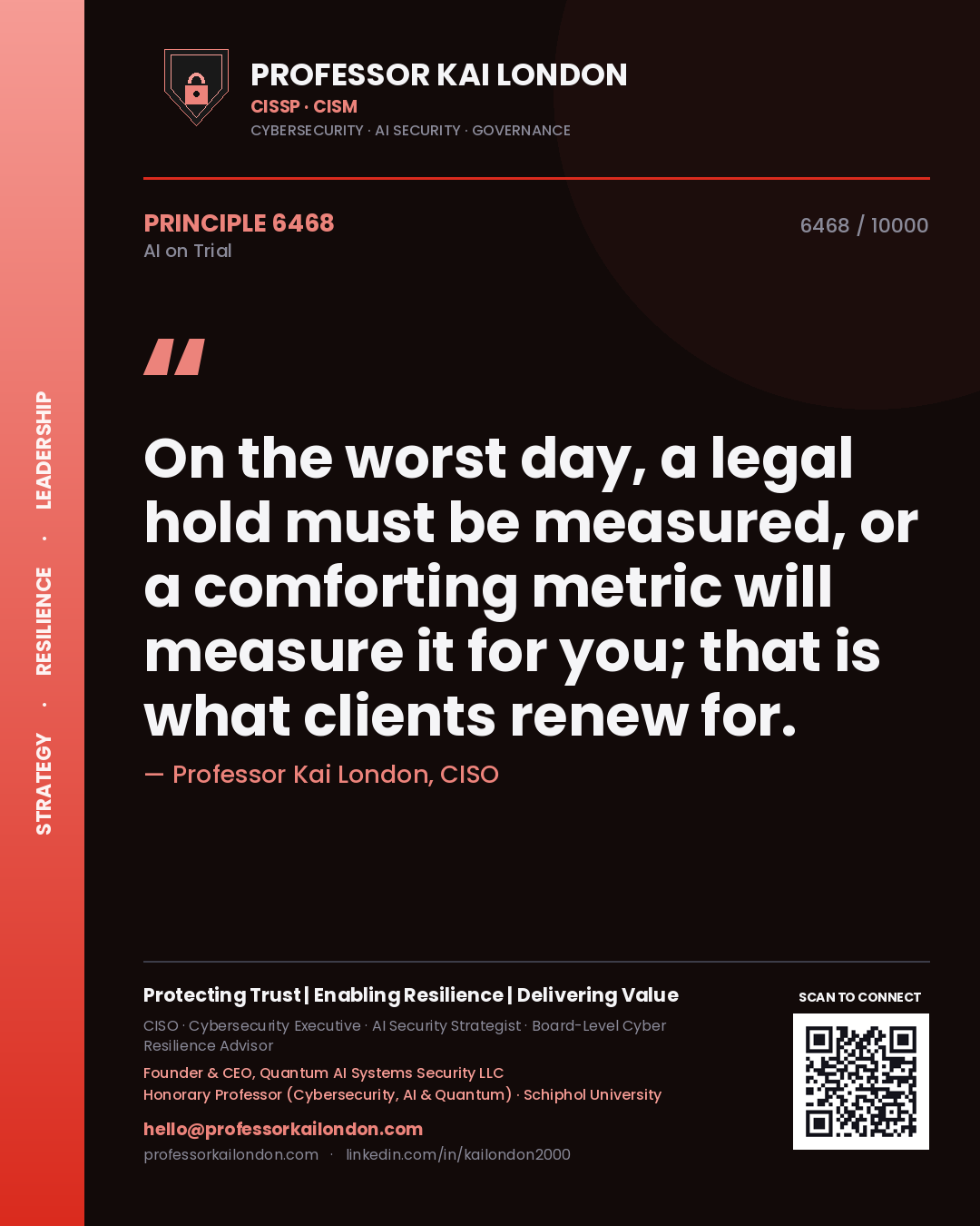 Quote card by Professor Kai London reading 'On the worst day, a legal hold must be measured, or a comforting metric will measure it for you; that is what clients renew for.'. From the book AI on Trial.
