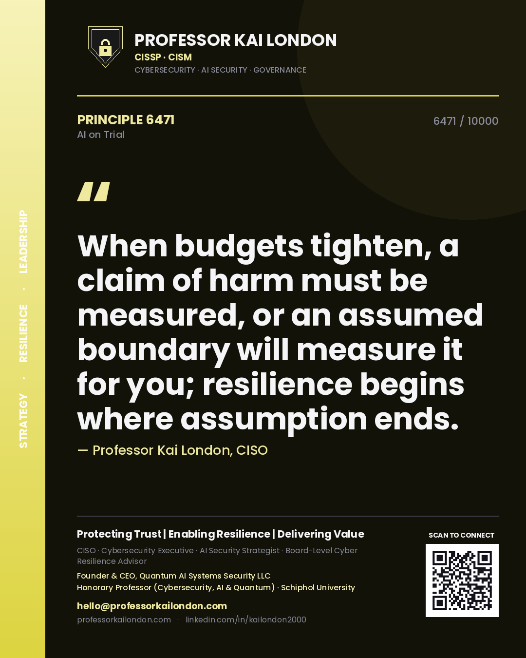 Quote card by Professor Kai London reading 'When budgets tighten, a claim of harm must be measured, or an assumed boundary will measure it for you; resilience begins where assumption ends.'. From the book AI on Trial.