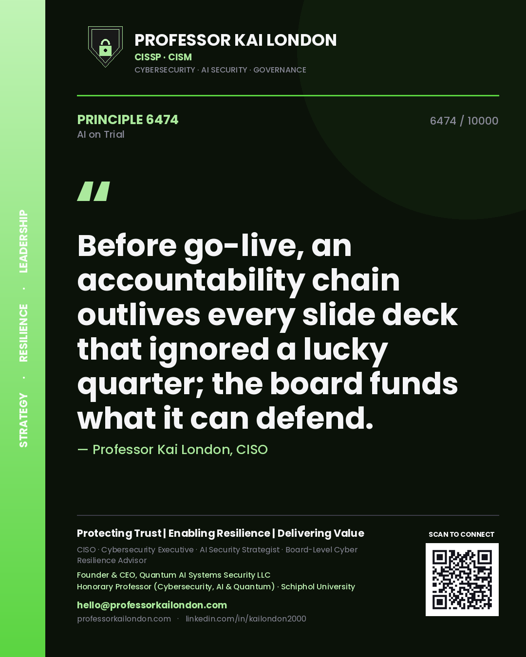 Quote card by Professor Kai London reading 'Before go-live, an accountability chain outlives every slide deck that ignored a lucky quarter; the board funds what it can defend.'. From the book AI on Trial.