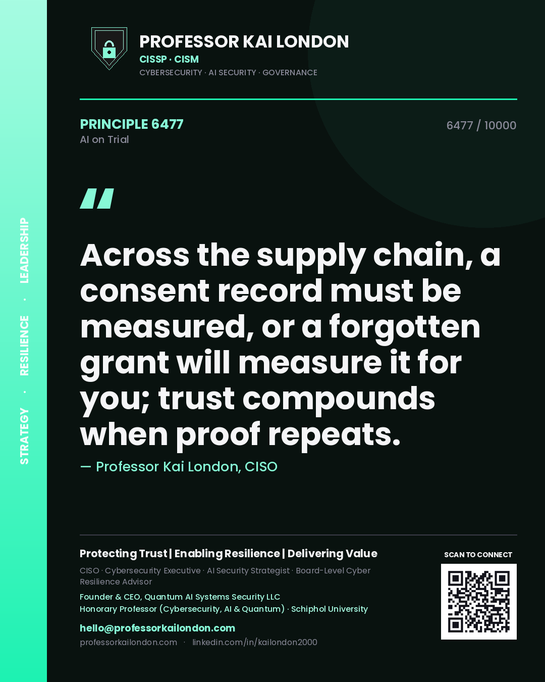 Professor Kai London principle 6477: Across the supply chain, a consent record must be measured, or a forgotten grant will measure it for you; trust compounds when proof repeats.