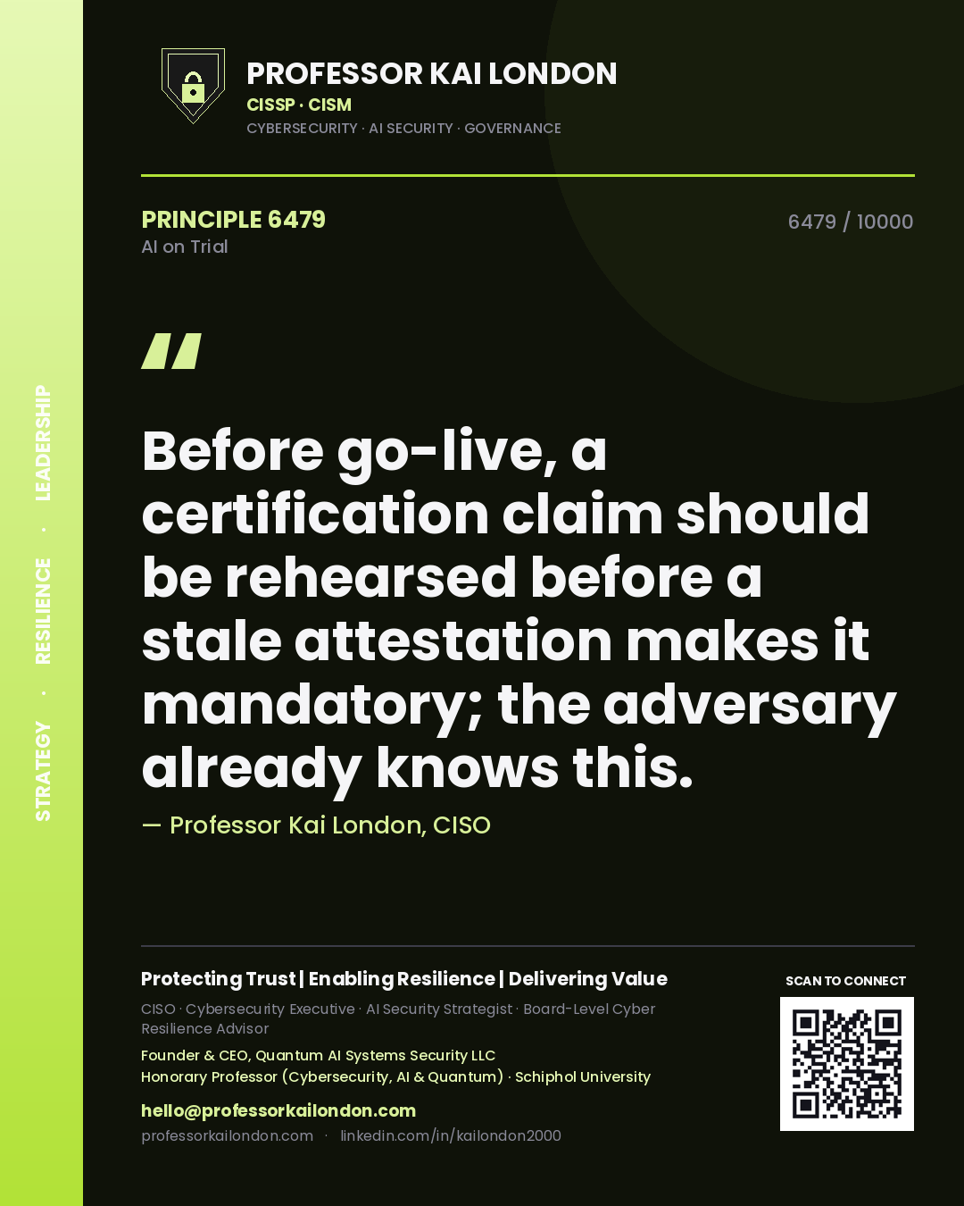 Quote card by Professor Kai London reading 'Before go-live, a certification claim should be rehearsed before a stale attestation makes it mandatory; the adversary already knows this.'. From the book AI on Trial.