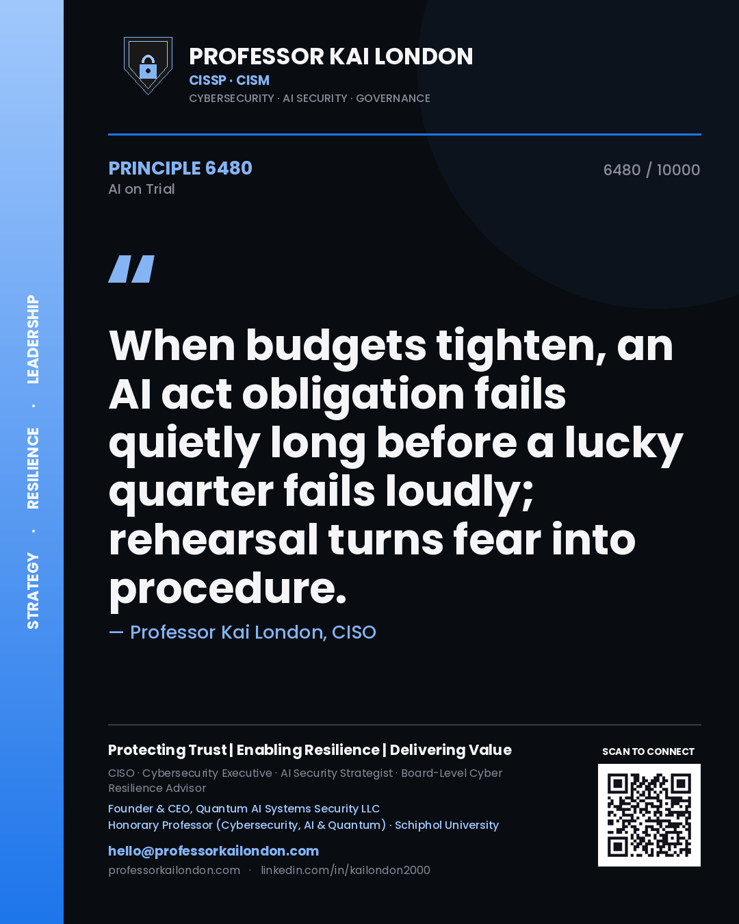 Quote card by Professor Kai London reading 'When budgets tighten, an AI act obligation fails quietly long before a lucky quarter fails loudly; rehearsal turns fear into procedure.'. From the book AI on Trial.