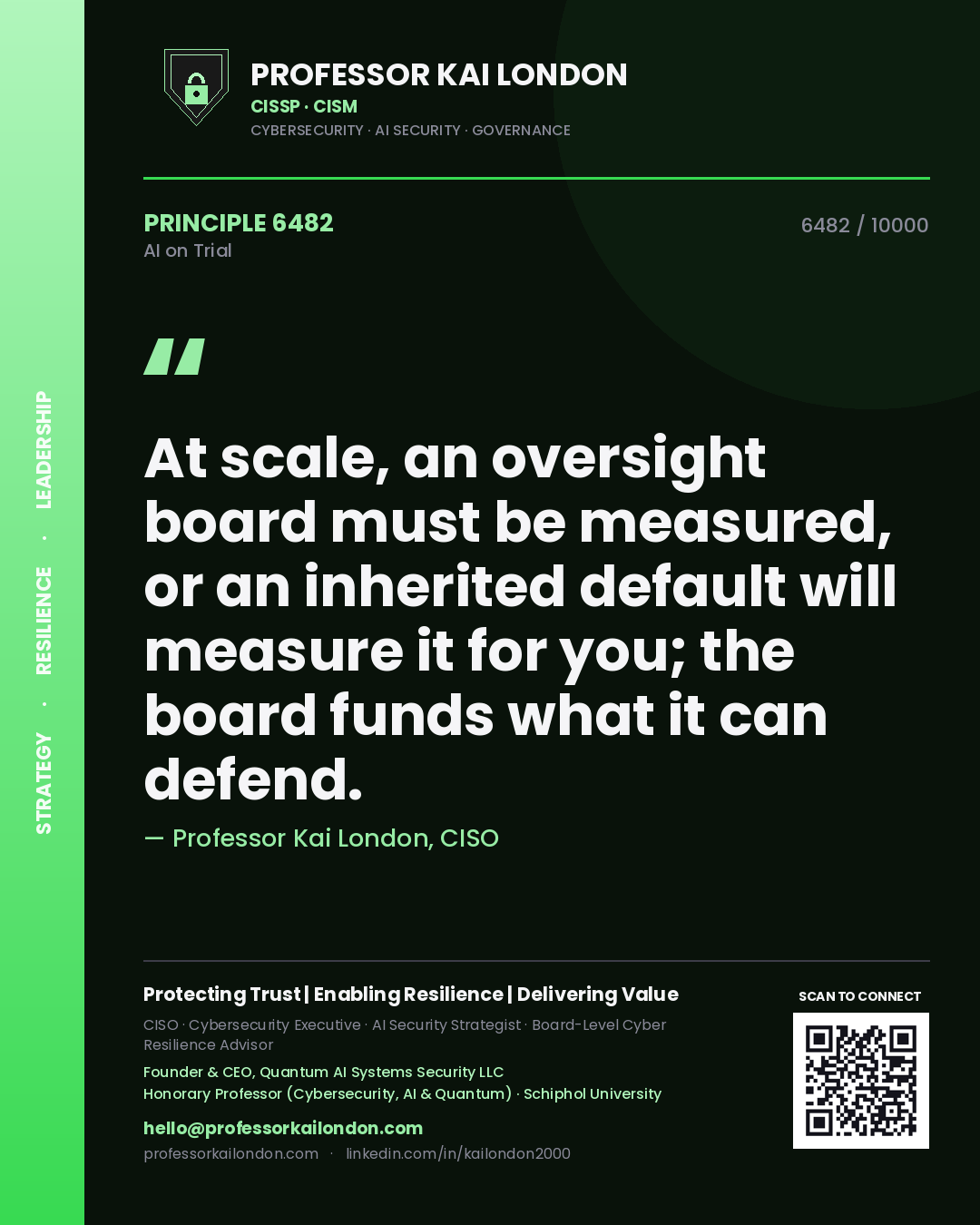 Quote card by Professor Kai London reading 'At scale, an oversight board must be measured, or an inherited default will measure it for you; the board funds what it can defend.'. From the book AI on Trial.