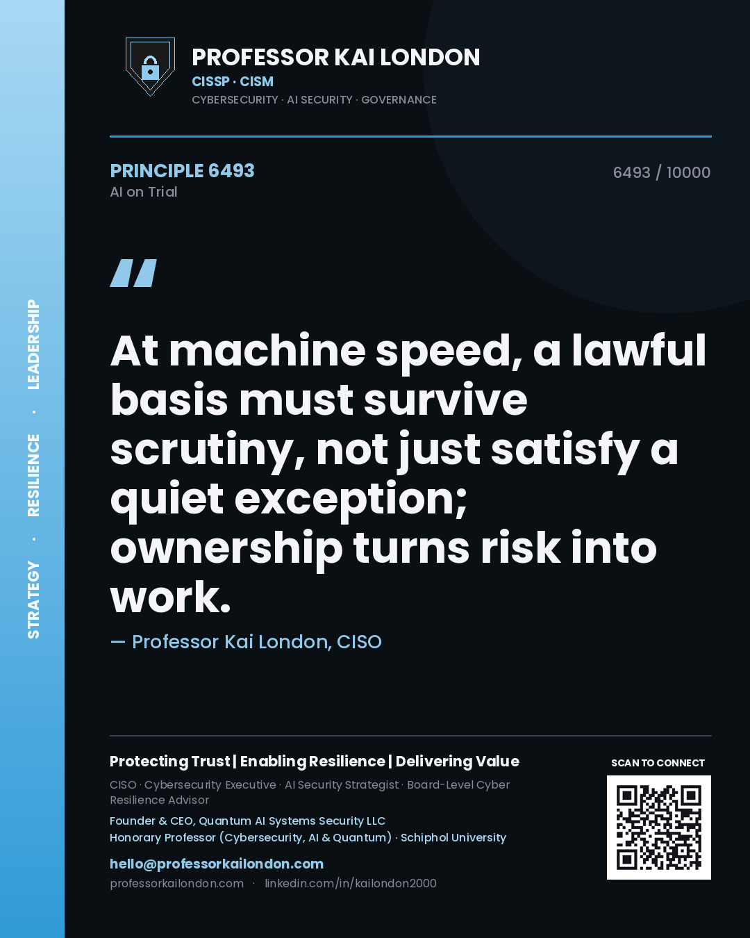 Quote card by Professor Kai London reading 'At machine speed, a lawful basis must survive scrutiny, not just satisfy a quiet exception; ownership turns risk into work.'. From the book AI on Trial.