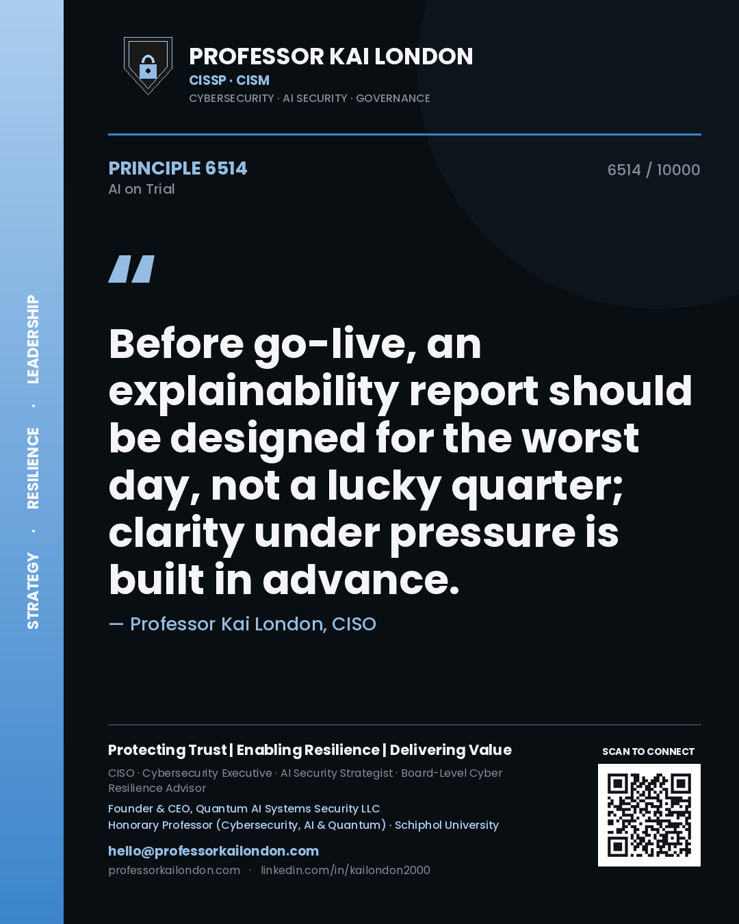 Professor Kai London principle 6514: Before go-live, an explainability report should be designed for the worst day, not a lucky quarter; clarity under pressure is built in advance.