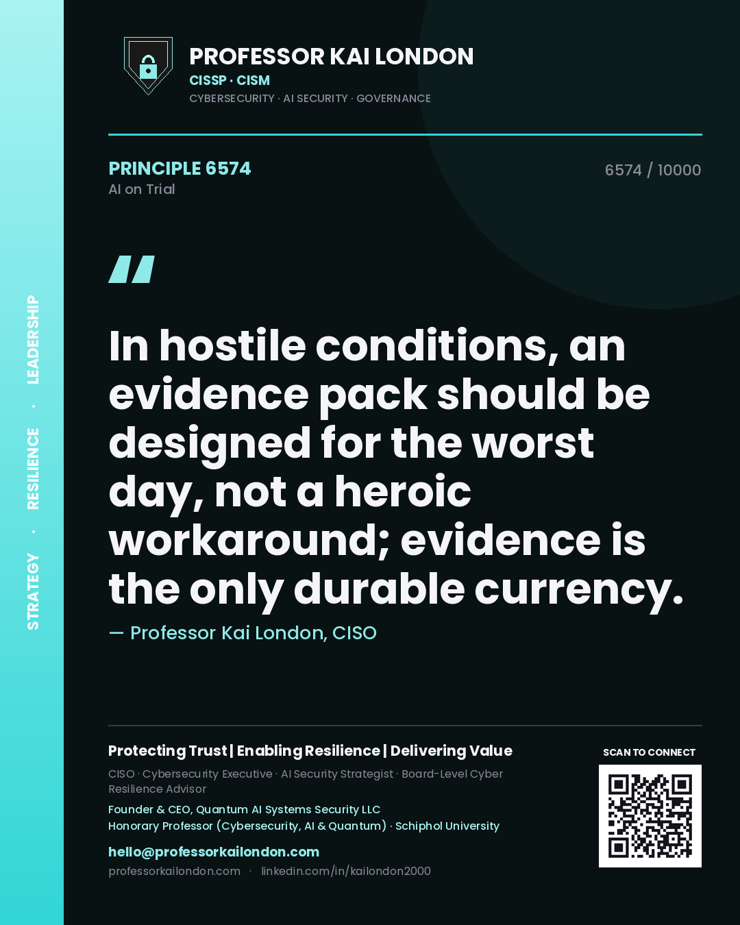 Quote card by Professor Kai London reading 'In hostile conditions, an evidence pack should be designed for the worst day, not a heroic workaround; evidence is the only durable currency.'. From the book AI on Trial.