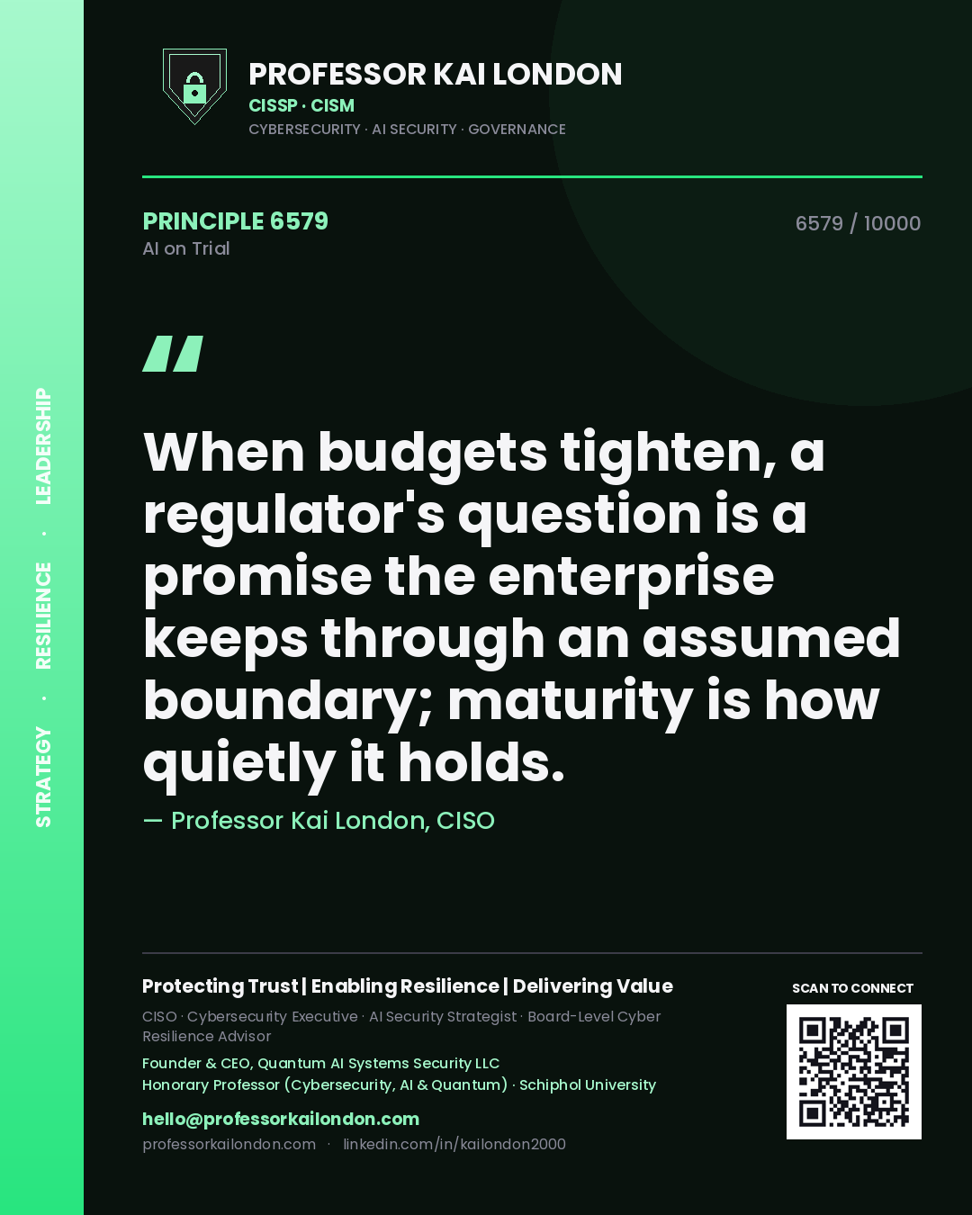 Professor Kai London principle 6579: When budgets tighten, a regulator's question is a promise the enterprise keeps through an assumed boundary; maturity is how quietly it holds.