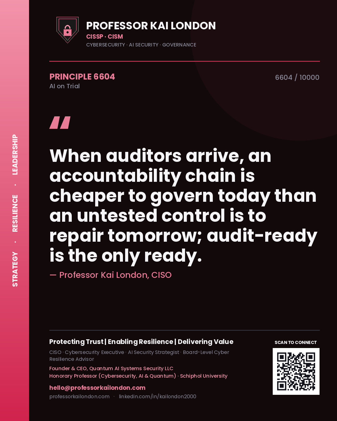 Professor Kai London principle 6604: When auditors arrive, an accountability chain is cheaper to govern today than an untested control is to repair tomorrow; audit-ready is the only ready.