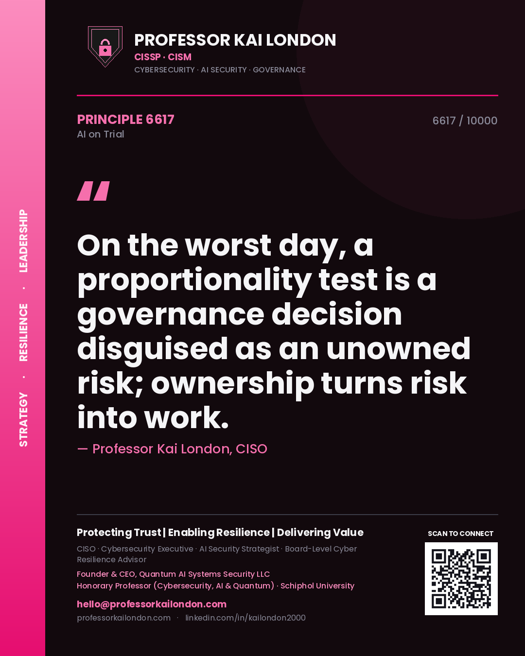 Professor Kai London principle 6617: On the worst day, a proportionality test is a governance decision disguised as an unowned risk; ownership turns risk into work.