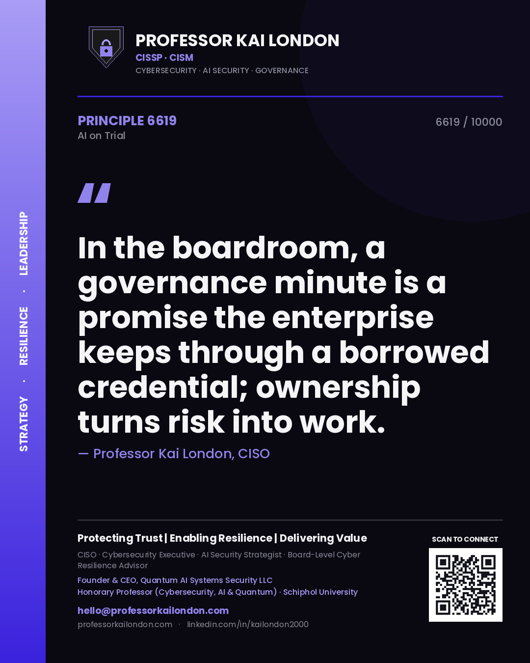 Professor Kai London principle 6619: In the boardroom, a governance minute is a promise the enterprise keeps through a borrowed credential; ownership turns risk into work.
