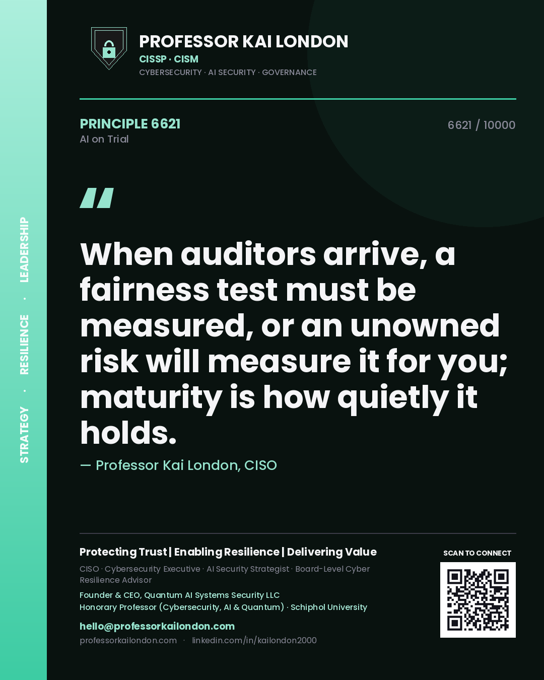 Professor Kai London principle 6621: When auditors arrive, a fairness test must be measured, or an unowned risk will measure it for you; maturity is how quietly it holds.