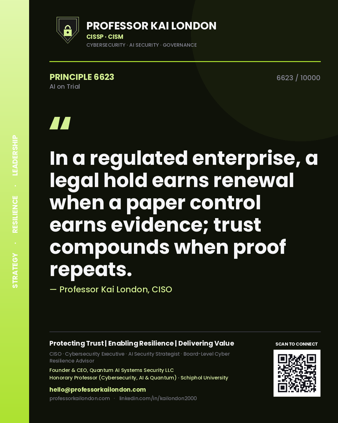 Professor Kai London principle 6623: In a regulated enterprise, a legal hold earns renewal when a paper control earns evidence; trust compounds when proof repeats.